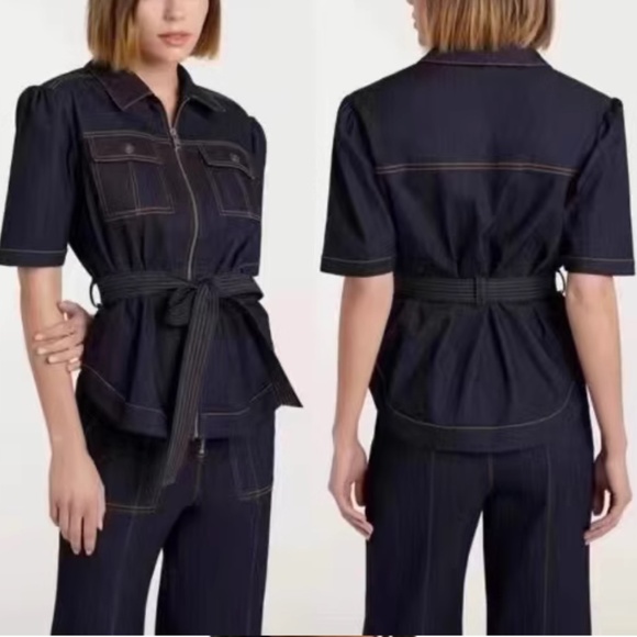 NWT Cinq a Sept 5a7 Luella Topstitch Short Sleeve Denim Jacket Indigo Navy Blue